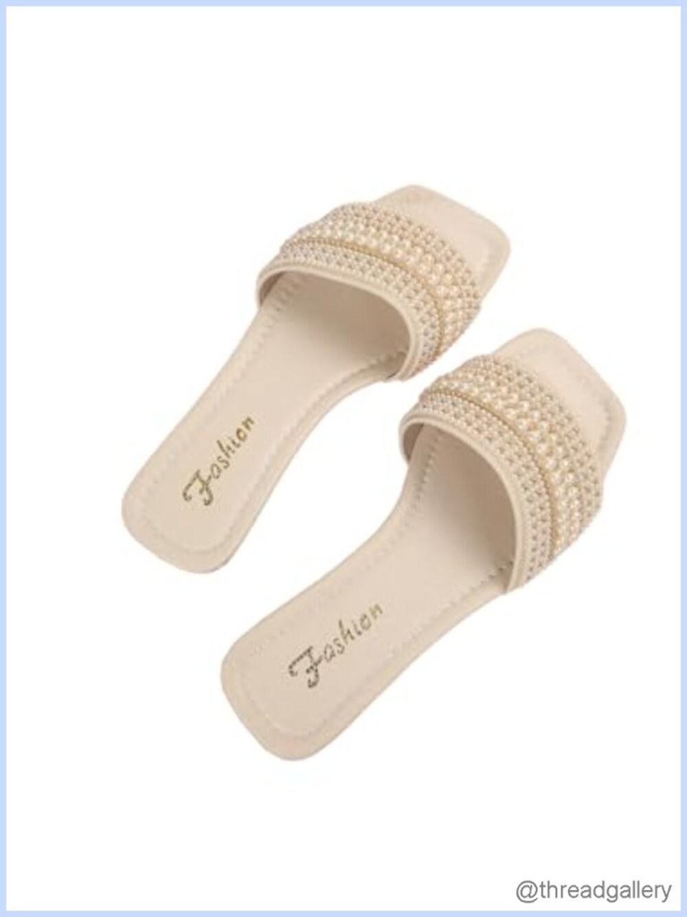 Boho Pearl Flat Sandals Square Open Toe Slip On